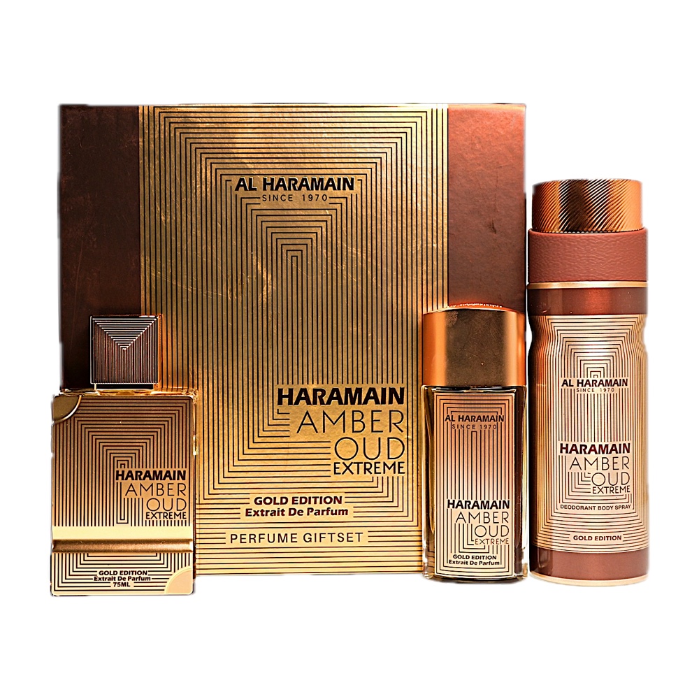 Al Haramain Amber Oud Gold Extreme 3PC SET(2.5oz &1.0oz Extrait De Parfum,6.6oz Body )