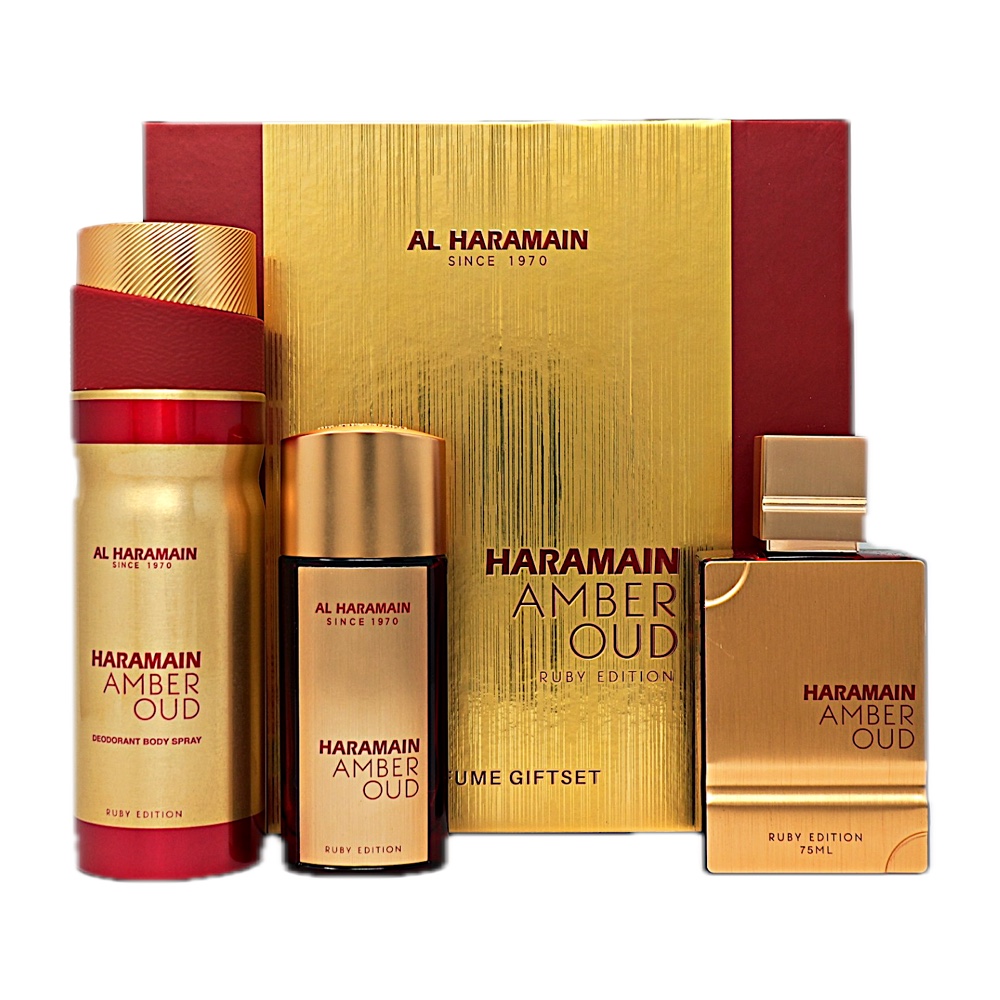 Al Haramain Amber Oud Ruby 3PC SET(2.5oz EDP ,1.0oz EDP ,6.6oz Body )
