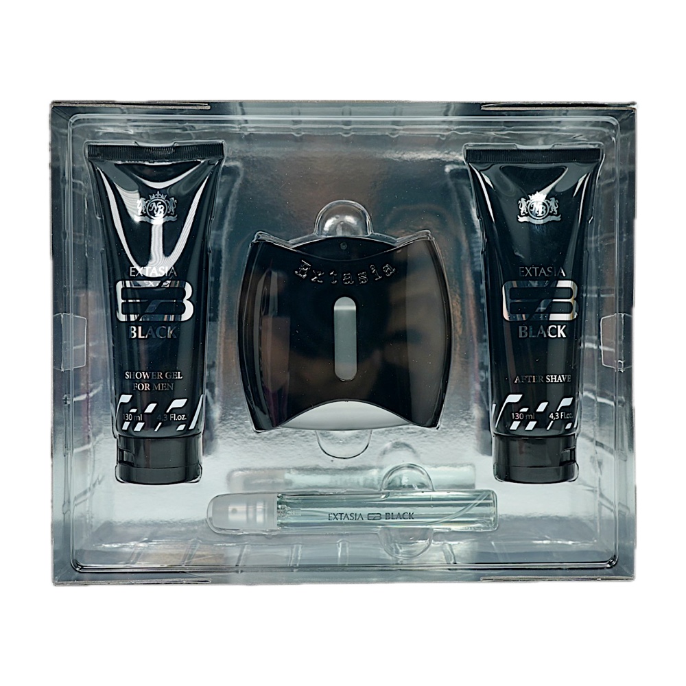 New Brand Prestige Extasia Black 4PC SET , S/G, A/S, edtsp
