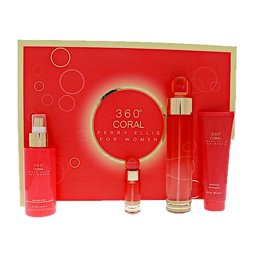 Perry Ellis 360 Coral 4PC SET(3.4oz EDP ,4.0oz body mist,3.0oz shower gel,0.25oz EDP )